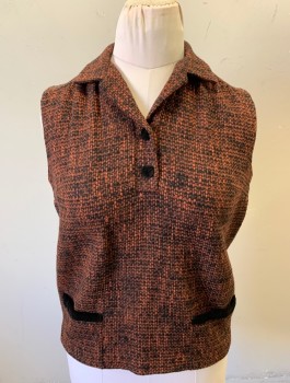 KORET OF CALIFORNIA, Rust Orange, Black, Wool, 2 Color Weave, Coarse Wool, Sleeveless, Pullover,  Placket with 2 Velvet Covered Buttons, Collar Attached, Black Velvet Accents on 2 Hip Pockets,