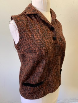 KORET OF CALIFORNIA, Rust Orange, Black, Wool, 2 Color Weave, Coarse Wool, Sleeveless, Pullover,  Placket with 2 Velvet Covered Buttons, Collar Attached, Black Velvet Accents on 2 Hip Pockets,