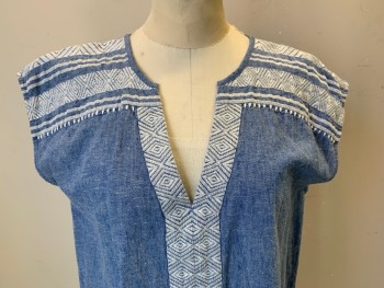 Womens, Dress, Short Sleeve, N/L, Blue, White, Cotton, Diamonds, S, Pullover, Embroidery at Yoke and Down Center Front, White Fringe