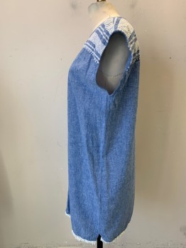 Womens, Dress, Short Sleeve, N/L, Blue, White, Cotton, Diamonds, S, Pullover, Embroidery at Yoke and Down Center Front, White Fringe