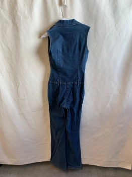 Womens, Jumpsuit, HOTKISS, Denim Blue, Cotton, Elastane, Solid, S, Metal Button Front, Collar Attached, Sleeveless, Belt Loops, Flare Bottom, 2 Flap Patch Pockets