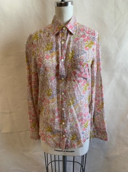 LIBERTY J CREW, Ivory White, Yellow, Lt Pink, Pink, Brown, Cotton, Silk, Floral, C.A., Button Front, L/S