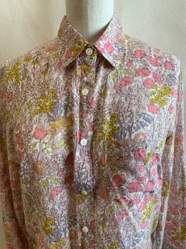 LIBERTY J CREW, Ivory White, Yellow, Lt Pink, Pink, Brown, Cotton, Silk, Floral, C.A., Button Front, L/S