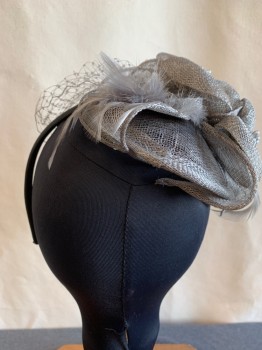 Womens, Fascinator, MTO, Gray, Black, Straw, Feathers, Black Headband, with Buckram Flowers with Pearl Centers, Front Netting