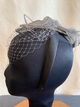 Womens, Fascinator, MTO, Gray, Black, Straw, Feathers, Black Headband, with Buckram Flowers with Pearl Centers, Front Netting