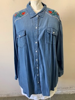 TORRID, Denim Blue, Multi-color, Tencel, Solid, Floral, Chambray, Colorful Floral Embroidery at Shoulders/Back Yoke, White Blanket Stitch Embroidery Along Western Yoke, Long Sleeves, White/Silver Snap Closures, 2 Pockets with Flap/Snap Closure