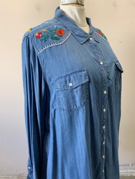 Womens, Shirt, TORRID, Denim Blue, Multi-color, Tencel, Solid, Floral, B:56", 4X, Chambray, Colorful Floral Embroidery at Shoulders/Back Yoke, White Blanket Stitch Embroidery Along Western Yoke, Long Sleeves, White/Silver Snap Closures, 2 Pockets with Flap/Snap Closure