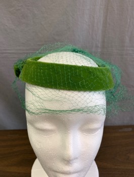 Womens, Hat, N/L, Pea Green, Cotton, Solid, Velvet Covered Halo Shape, Open Crown, Emerald Green Netting Attached with Several Holes/Tears, Large Velvet Bow in Back, In Fair Condition Overall