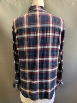 TREASURE BOND, Navy Blue, White, Red Burgundy, Rayon, Acrylic, Plaid, L/S, Button Front, Collar Attached, Chest Pocket
