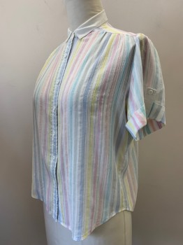 Womens, Shirt, DON KENNY, White, Lt Pink, Lt Yellow, Lt Blue, Polyester, Cotton, Stripes, 14, S/S, Button Front, Collar Attached, Transparent