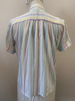 DON KENNY, White, Lt Pink, Lt Yellow, Lt Blue, Polyester, Cotton, Stripes, S/S, Button Front, Collar Attached, Transparent