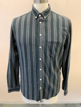 STEVEN ALAN, Forest Green, Black, White, Cotton, Stripes, 2 Color Weave, B.F., L/S, Bttn Down Collar, Chest Pocket, Back Pleat, Plastic Pearl Buttons