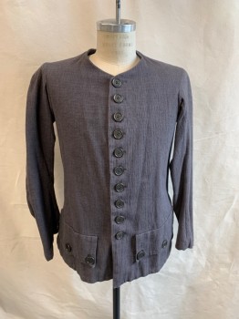 Mens, Historical Fiction Jacket, MTO, Dk Gray, Cotton, Solid, 40R, 1700s, Round Neck, Button Front, L/S, 2 Faux Pockets, 3 Buttons on Flaps *Aged/Distressed*