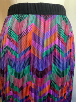 Womens, Skirt, Long, BA&SH, Multi-color, Synthetic, Chevron, Stripes, M, Long, Press Pleated Skirt, Black Elastic Waistband, High Waisted  Zipper at Left Side Waist