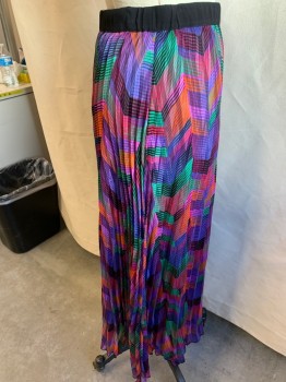 Womens, Skirt, Long, BA&SH, Multi-color, Synthetic, Chevron, Stripes, M, Long, Press Pleated Skirt, Black Elastic Waistband, High Waisted  Zipper at Left Side Waist