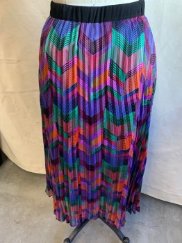 BA&SH, Multi-color, Synthetic, Chevron, Stripes, Long, Press Pleated Skirt, Black Elastic Waistband, High Waisted  Zipper at Left Side Waist