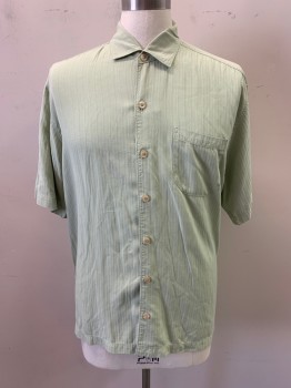 TOMMY BAHAMA, Sage Green, Silk, Herringbone, Collar Attached, Button Front, Short Sleeves, 1 Breast Pocket