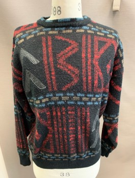 Mens, Sweater, ASPETUCK TRADING CO, Red, Black, Tan Brown, Blue, Acrylic, Leather, Abstract , XL, C N, Pullover, L/ S with Leather Appliques