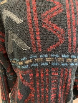 Mens, Sweater, ASPETUCK TRADING CO, Red, Black, Tan Brown, Blue, Acrylic, Leather, Abstract , XL, C N, Pullover, L/ S with Leather Appliques