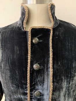 Mens, Historical Fiction Jacket, NO LABEL, Charcoal Gray, Black, Dk Brown, Cotton, Leaves/Vines , 42, L/S, Stand Collar, Button Front, Velvet, Beaded Trim, Distressed, Made to Order