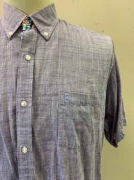 TAILOR BRYD, Purple, Cotton, Heathered, S/S, Button Front, Collar Attached, Chest Pocket