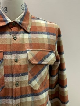PATAGONIA, Orange, Cream, Khaki Brown, Navy Blue, Cotton, Polyester, Plaid, L/S, Button Front, Collar Attached, Chest Pocket