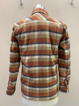 PATAGONIA, Orange, Cream, Khaki Brown, Navy Blue, Cotton, Polyester, Plaid, L/S, Button Front, Collar Attached, Chest Pocket