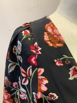 A.L.C., Black, Pink, Sage Green, Red Burgundy, Silk, Floral, Chiffon, Surplice V-Neck With Knotted Detail At Bust, Puffy Sleeves Gathered At Shoulders, Peplum Waist, Mid Calf Length, High/Low Hemline