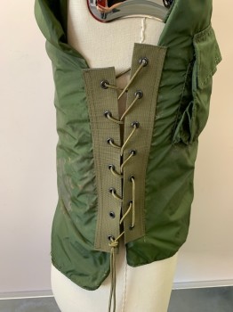 Unisex, Sci-Fi/Fantasy Vest, 1984, Forest Green, Nylon, Solid, L/XL, Tactical, Velcro Front, 2 Pockets, Lace Up Sides with Bungie Cords **Distressed