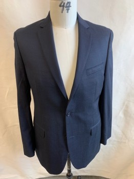 CALVIN KLEIN, Navy Blue, White, Wool, Solid, Dots, Single Breasted, 2 Buttons, 3 Pockets, Notched Lapel, Double Vent