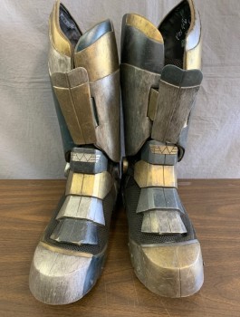Mens, Sci-Fi/Fantasy Boots , MTO, Pewter Gray, Gold, Black, Synthetic, Plastic, 11, Black Heavy Mesh, with Faux Metal Painted Plastic Pieces Attached, Side Zip, Calf Length, Built Over Top of Existing "BATES" Law Enforcement Boot, **Large Hole Drilled in Sole