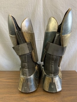 Mens, Sci-Fi/Fantasy Boots , MTO, Pewter Gray, Gold, Black, Synthetic, Plastic, 11, Black Heavy Mesh, with Faux Metal Painted Plastic Pieces Attached, Side Zip, Calf Length, Built Over Top of Existing "BATES" Law Enforcement Boot, **Large Hole Drilled in Sole