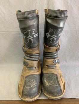 Mens, Sci-Fi/Fantasy Boots , N/L MTO, Brown, Black, Leather, Rubber, Sz.12, Tactical Futuristic Boots, Panels of Aged Leather, Silver Buckles at Sides, Text Stamped on Front "PTZ 27",  Just Below Knee Length, Made To Order, Multiples