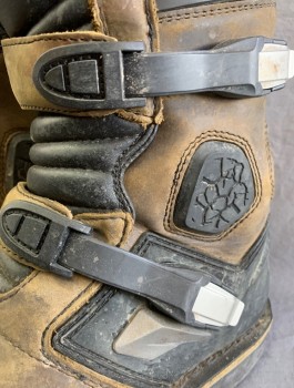N/L MTO, Brown, Black, Leather, Rubber, Tactical Futuristic Boots, Panels of Aged Leather, Silver Buckles at Sides, Text Stamped on Front "PTZ 27",  Just Below Knee Length, Made To Order, Multiples