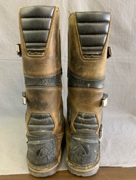 Mens, Sci-Fi/Fantasy Boots , N/L MTO, Brown, Black, Leather, Rubber, Sz.12, Tactical Futuristic Boots, Panels of Aged Leather, Silver Buckles at Sides, Text Stamped on Front "PTZ 27",  Just Below Knee Length, Made To Order, Multiples