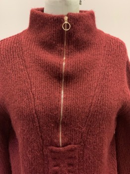 LUSH, Brick Red, Acrylic, Polyester, Solid, L/S, High Neck, Zip Front,