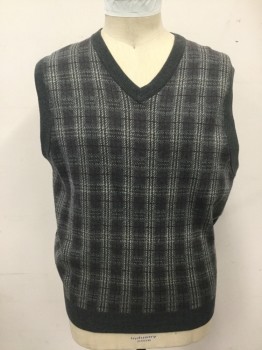 Mens, Sweater Vest, ROUNDTREE & YORKE, Dk Gray, Maroon Red, Tan Brown, Lt Gray, Cotton, Plaid, Solid, L, Plaid Front, Solid Dark Gray Back, V-neck, Ribbed Knit Neck/Armholes/Waistband
