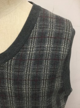 Mens, Sweater Vest, ROUNDTREE & YORKE, Dk Gray, Maroon Red, Tan Brown, Lt Gray, Cotton, Plaid, Solid, L, Plaid Front, Solid Dark Gray Back, V-neck, Ribbed Knit Neck/Armholes/Waistband