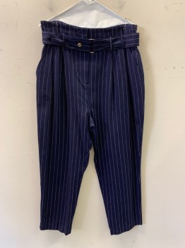 TOP SHOP, Navy Blue, White, Polyester, Cotton, Stripes - Pin, Pleated Front, Paper Bag Style, Side Pockets, Zip Front, Matching Waist Belt