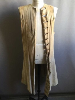 Mens, Historical Fiction Vest, Tan Brown, Suede, Solid, L, Aged/Distressed,  Mottled, Large Button Holes On One Side, No Closures, Godets In The Back, Soft And Draping
