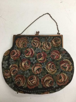 Womens, Purse 1890s-1910s, N/L, Multi-color, Charcoal Gray, Dusty Rose Pink, Sage Green, Dusty Blue, Cotton, Floral, Roses Tapestry Like Fabric, Clutch, Metal Clasp/Opening with Metal Chain Handle, Off White Lining,