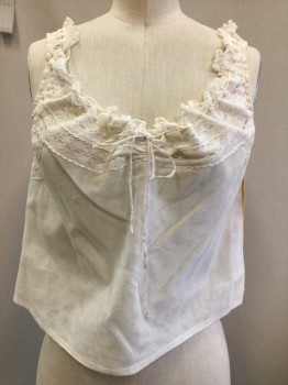 Womens, Camisole 1890s-1910s, Cream, Netting, Lace, B34, Round Neck,  Drawstring Neck with Ruffles, Lace Trim, Good Condition