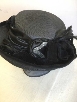 Womens, Hat 1890s-1910s, N/L, Black, Straw, Solid, Black Straw W/black Fold/flower/feather Work, W/black Velvet Brim,