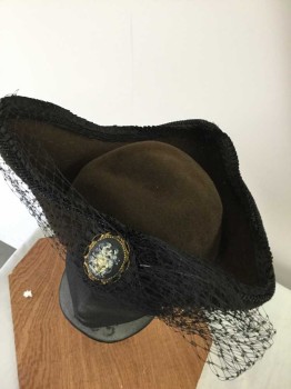 Womens, Hat 1890s-1910s, MTO, Brown, Black, Wool, Solid, Brown Felt Tri Tip Hat, Black Mesh Cover, Black Pleated Ribbon and Black Rope Trim, Gold/Black/Cream Brooch,