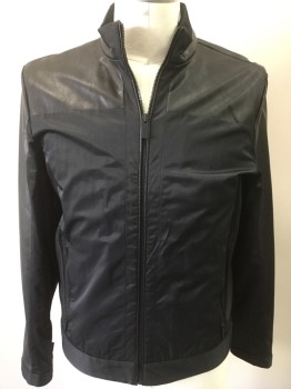 Mens, Leather Jacket, CALVIN KLEIN, Black, Faux Leather, Cotton, Medium, Zip Front, Pleather on Shoulders and Sleeves, Cotton/Nylon for the Body, Stand Collar, Zip Pockets