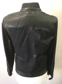Mens, Leather Jacket, CALVIN KLEIN, Black, Faux Leather, Cotton, Medium, Zip Front, Pleather on Shoulders and Sleeves, Cotton/Nylon for the Body, Stand Collar, Zip Pockets