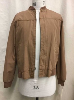 Mens, Jacket, Fashioned, Brown, Cotton, Synthetic, Solid, M, Zip Front, Knit Trim, 2 Pockets,