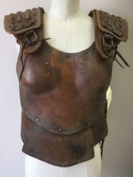 Womens, Historical Fict Breastplate , N/L, Brown, Leather, Metallic/Metal, Solid, 32/34B, Artfully Aged/Distressed,  Molded Leather, Brass Rivets and Grommets, Lacing/Ties Sides, Multiples