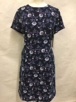 LOFT, Navy Blue, Teal Blue, Pink, White, Salmon Pink, Poly/Cotton, Spandex, Floral, Navy W/teal Blue, Pink, White, Salmon Floral Print, Round Neck,  Short Sleeve,  Zip Back,