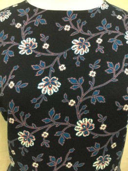 LOFT, Navy Blue, Teal Blue, Pink, White, Salmon Pink, Poly/Cotton, Spandex, Floral, Navy W/teal Blue, Pink, White, Salmon Floral Print, Round Neck,  Short Sleeve,  Zip Back,